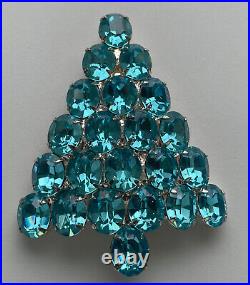 Vintage Christmas Tree Pin Brooch Attruia Aqua Blue Rhinestones Large Signed Htf