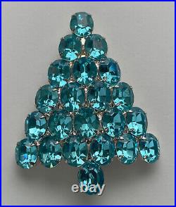 Vintage Christmas Tree Pin Brooch Attruia Aqua Blue Rhinestones Large Signed Htf