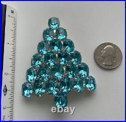 Vintage Christmas Tree Pin Brooch Attruia Aqua Blue Rhinestones Large Signed Htf