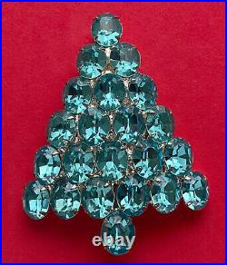 Vintage Christmas Tree Pin Brooch Attruia Aqua Blue Rhinestones Large Signed Htf