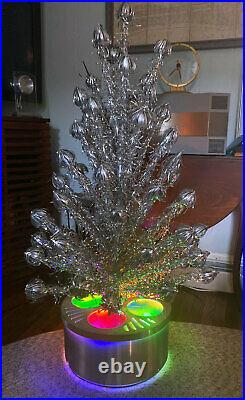 Vintage EVERGLEAM 4ft Aluminum Pom-Pom CHRISTMAS TREE & Revolving Tri-Lite Stand