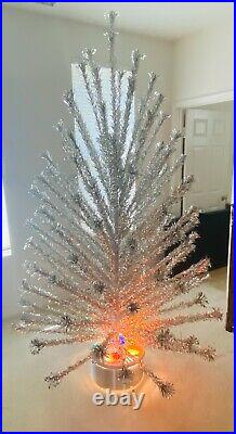 Vintage Evergreen 8ft Aluminum Christmas Tree With Revolving Tri-Lite Stand
