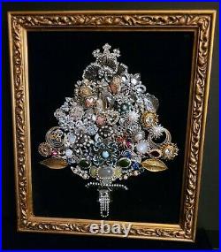 Vintage Jewelry Gilded Framed Christmas Tree Handmade Art on Velvet Collage
