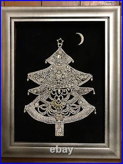 Vintage Large Rhinestone Christmas Tree Picture With Silver Frame, Handmade