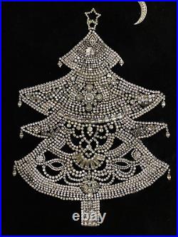Vintage Large Rhinestone Christmas Tree Picture With Silver Frame, Handmade