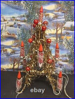 Vintage MIROSTAR Christmas Tree Light Red Foil Silver Mesh Gold Center Red Bulbs