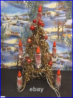 Vintage MIROSTAR Christmas Tree Light Red Foil Silver Mesh Gold Center Red Bulbs