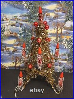 Vintage MIROSTAR Christmas Tree Light Red Foil Silver Mesh Gold Center Red Bulbs