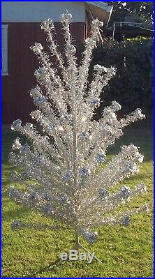 Vintage Mid-Century 6 Ft Silver Aluminum Pom Pom Christmas Tree 84 Branches
