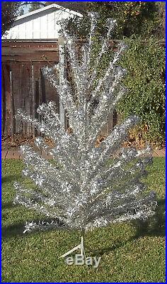 Vintage Mid-Century 6 Ft Silver Aluminum Pom Pom Christmas Tree 84 Branches