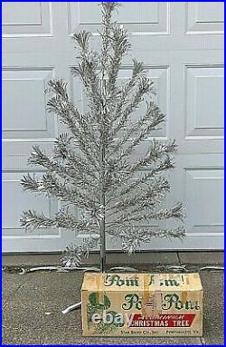 Vintage POM POM M-443 4' Aluminum Silver Christmas Tree WITH Box and Limb Wraps