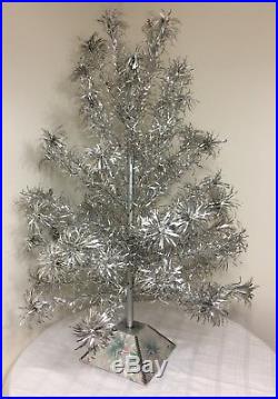 Vintage Silver Aluminum 4 Foot Christmas Tree 4' Pom Pom Silver Forest WithBase