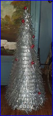 Vintage Silver Tinsel Christmas Tree WithRed Bulbs
