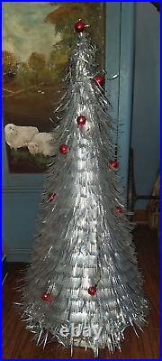 Vintage Silver Tinsel Christmas Tree WithRed Bulbs