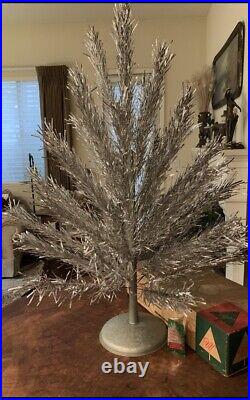 Vintage Warren Aluminum 4' Christmas Tree, 46 Branches, Sleeves, Stand & Box