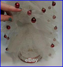 Vintage White Tulle Mid Century Christmas Tree Red Ball Snowman Silver Reflector