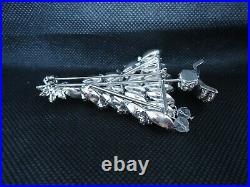 Vtg 1970s Brooch Lapel Pin Christmas Tree Glass Rhinestones Silver Tone Metal