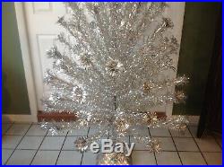 Vtg 6 Ft Silver Forest Pom Pom Aluminum Christmas Tree Pine Cone Base Box Vgc
