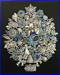 Vtg Framed Jewelry Art Christmas Tree in Silver & Blue Colors Silver Wood Frame