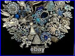 Vtg Framed Jewelry Art Christmas Tree in Silver & Blue Colors Silver Wood Frame