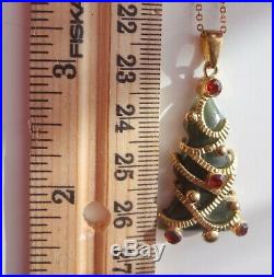 Vtg Sterling Silver 14k Gold Vermeil Christmas Tree Jade Natural Gem Necklace