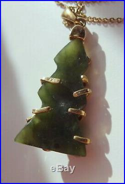 Vtg Sterling Silver 14k Gold Vermeil Christmas Tree Jade Natural Gem Necklace