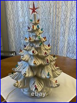 Vtg White Ceramic Christmas Tree 22 withRARE SILVER METALLIC BRANCH TIPS