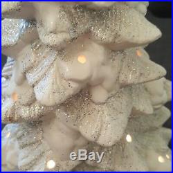 White Ceramic Christmas Tree 17 Tall Silver Glitter Trim Lighted Jaimy